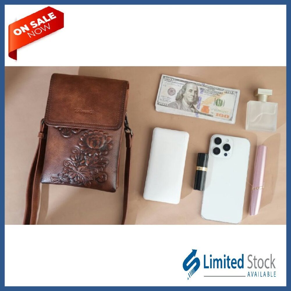 Small Vegan Leather Crossbody Phone Bag with Embossed Flower Design - Picture 8 of 8